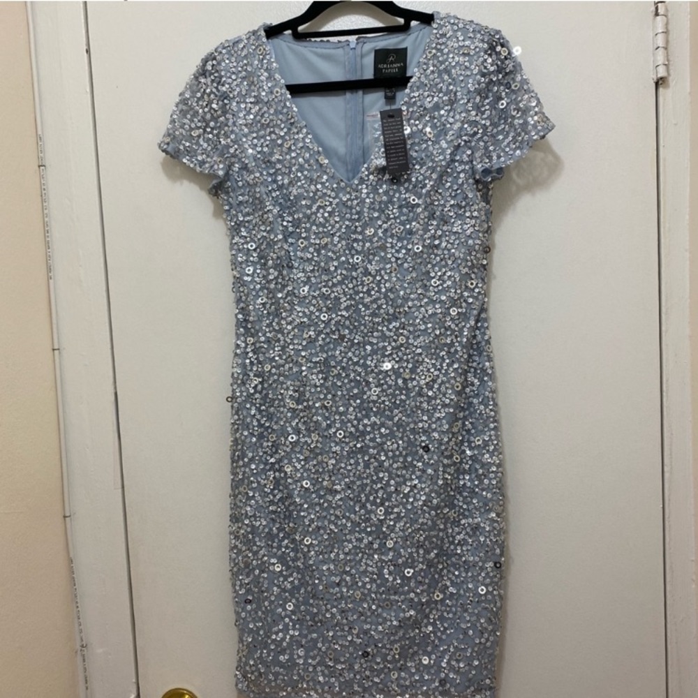 NWT Adrianna Papell Silver/ gray V-Neck Mini Dress Size 4. - Picture 11 of 12